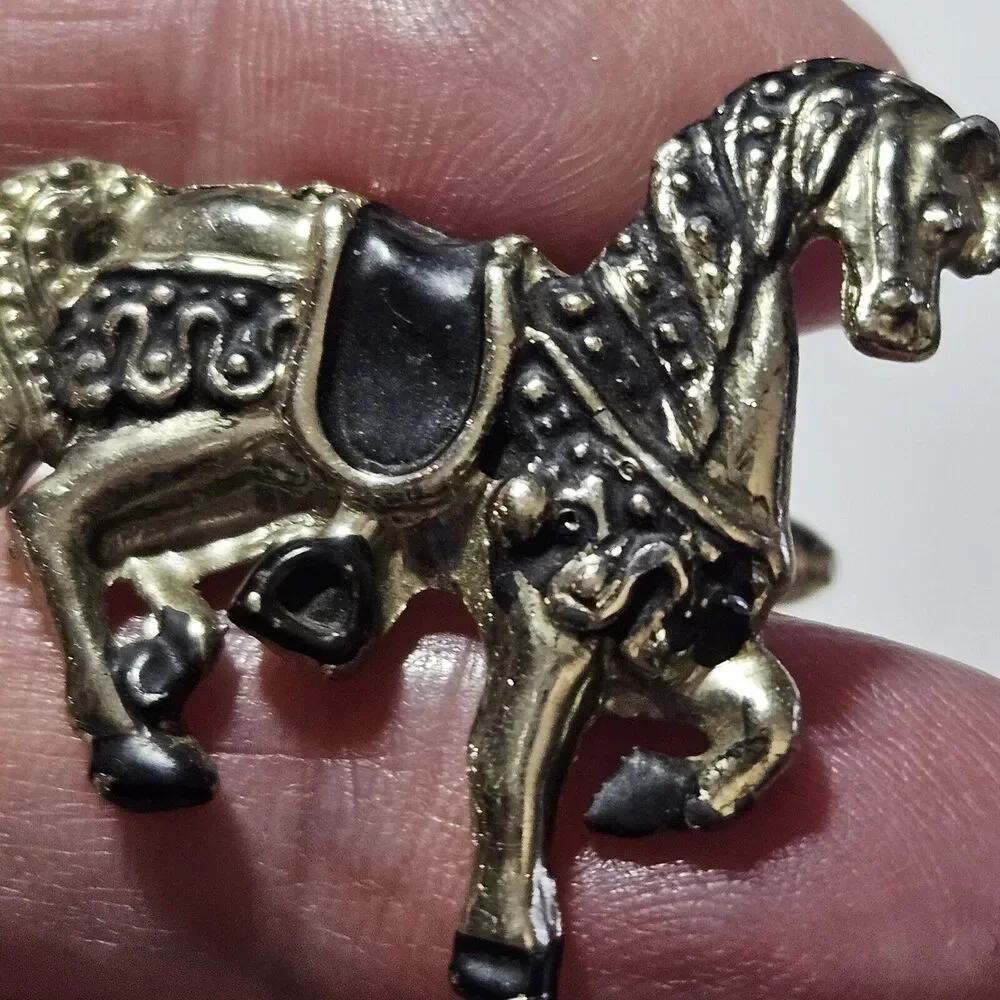 Silver Tone With Black Saddled Horse Vintage Cufflinks